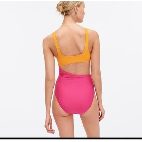 J.Crew Womens Colorblock Cut Out One-Shoulder Swimsuit Orange Pink  Size 12 - Picture 2 of 6